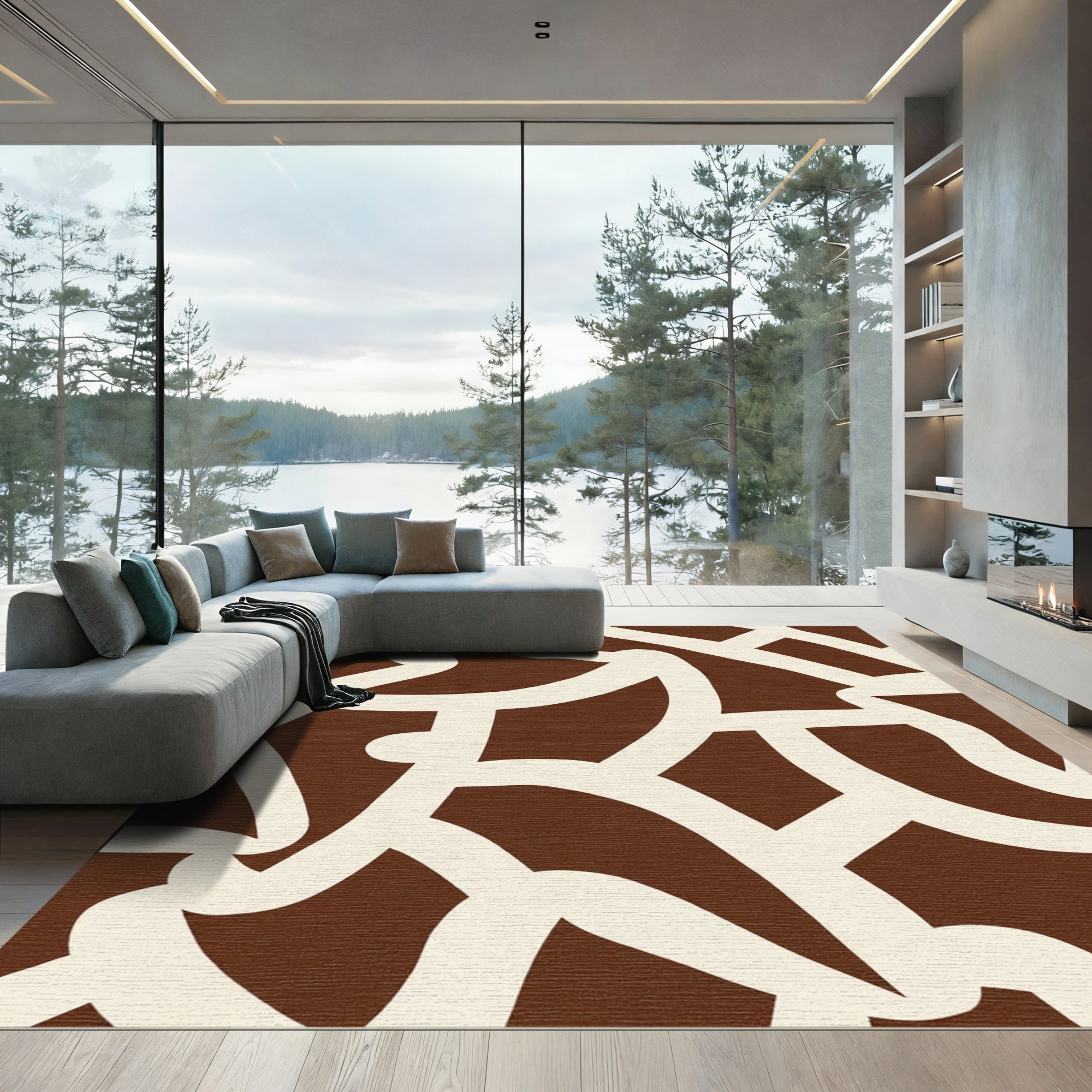 Brown Cream Intertwined Abstract Shapes Rug