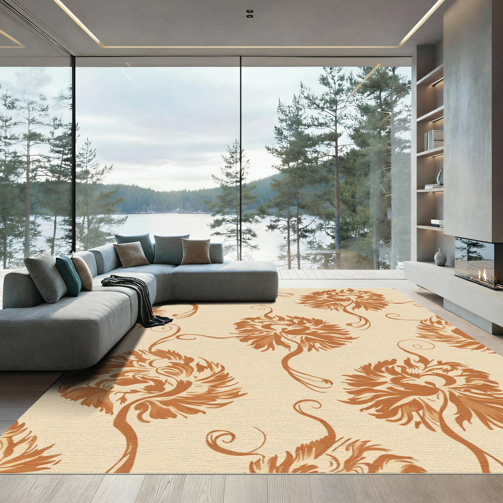 Earthy Ochre Painterly Floral Swirls Rug