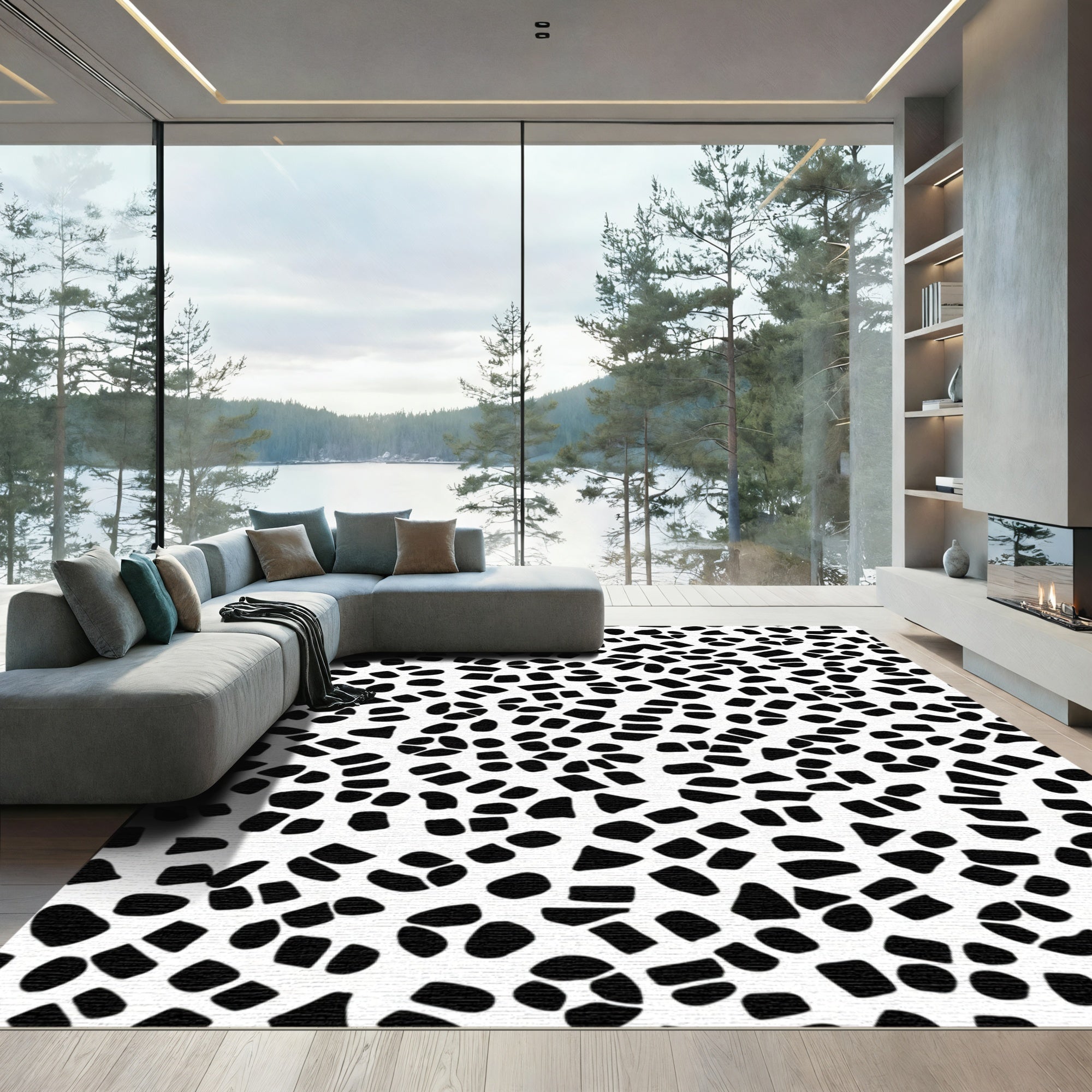 Black White Scattered Organic Shapes Rug