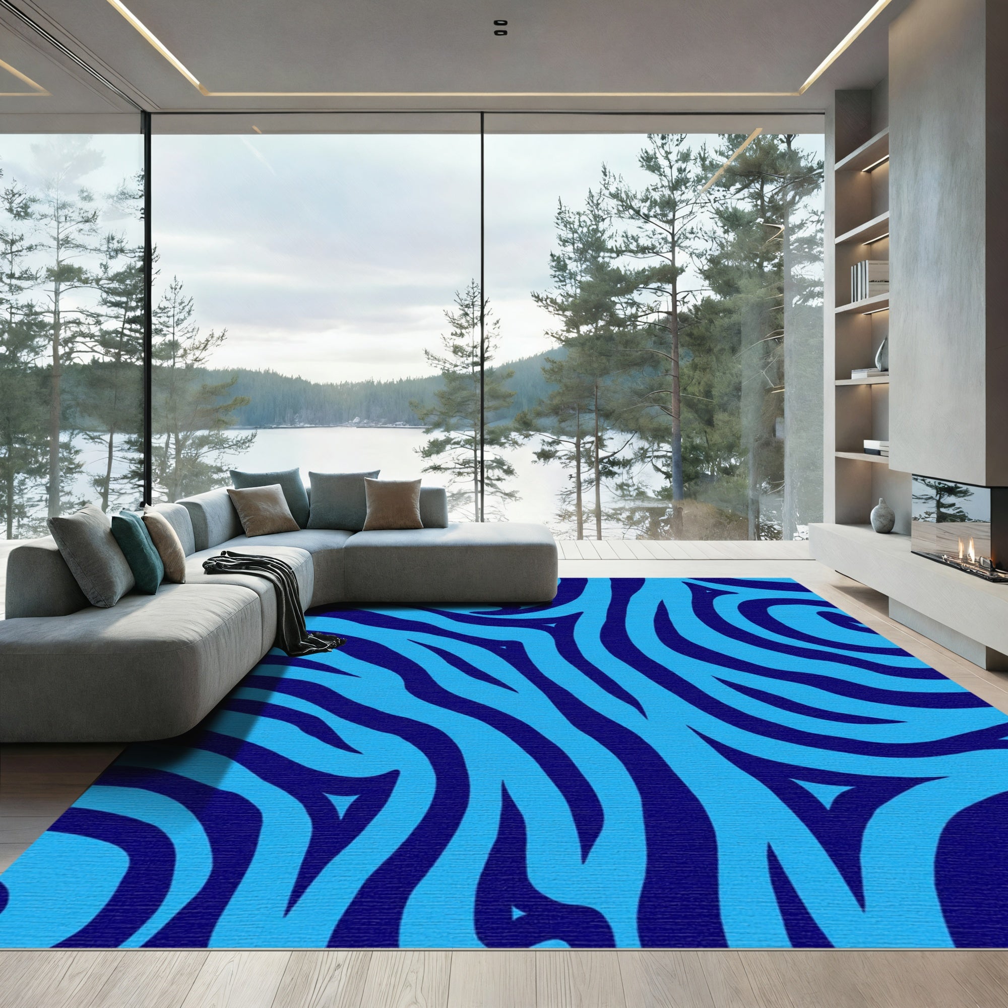Cobalt Blue Abstract Zebra Lines Rug