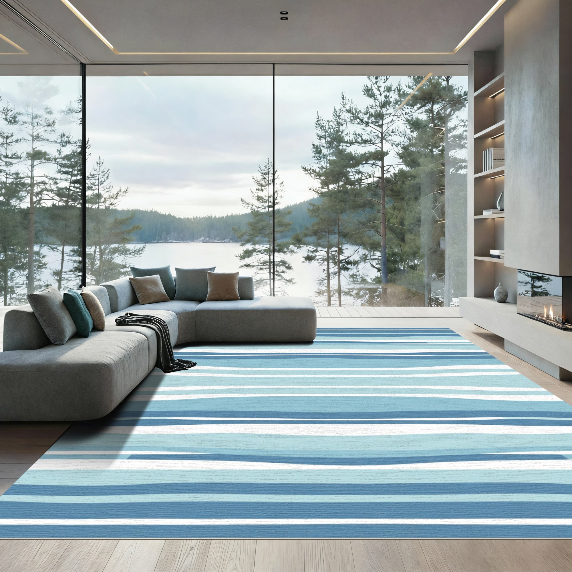 Oceanic Wavy Blue Striped Rug