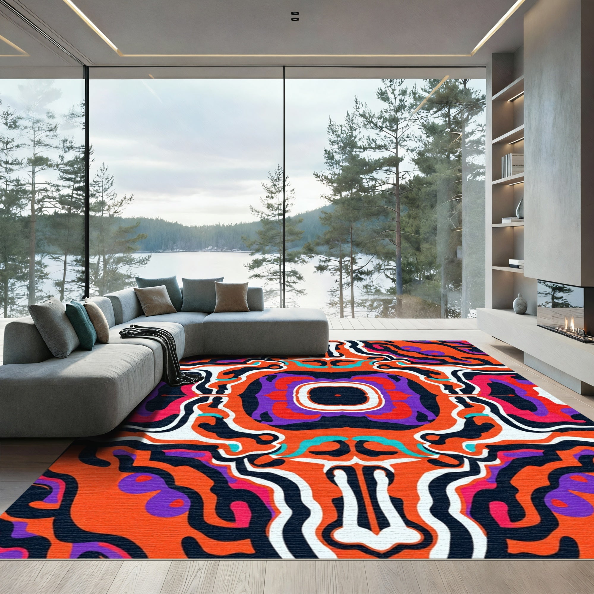 Vibrant Orange Purple Abstract Swirl Rug