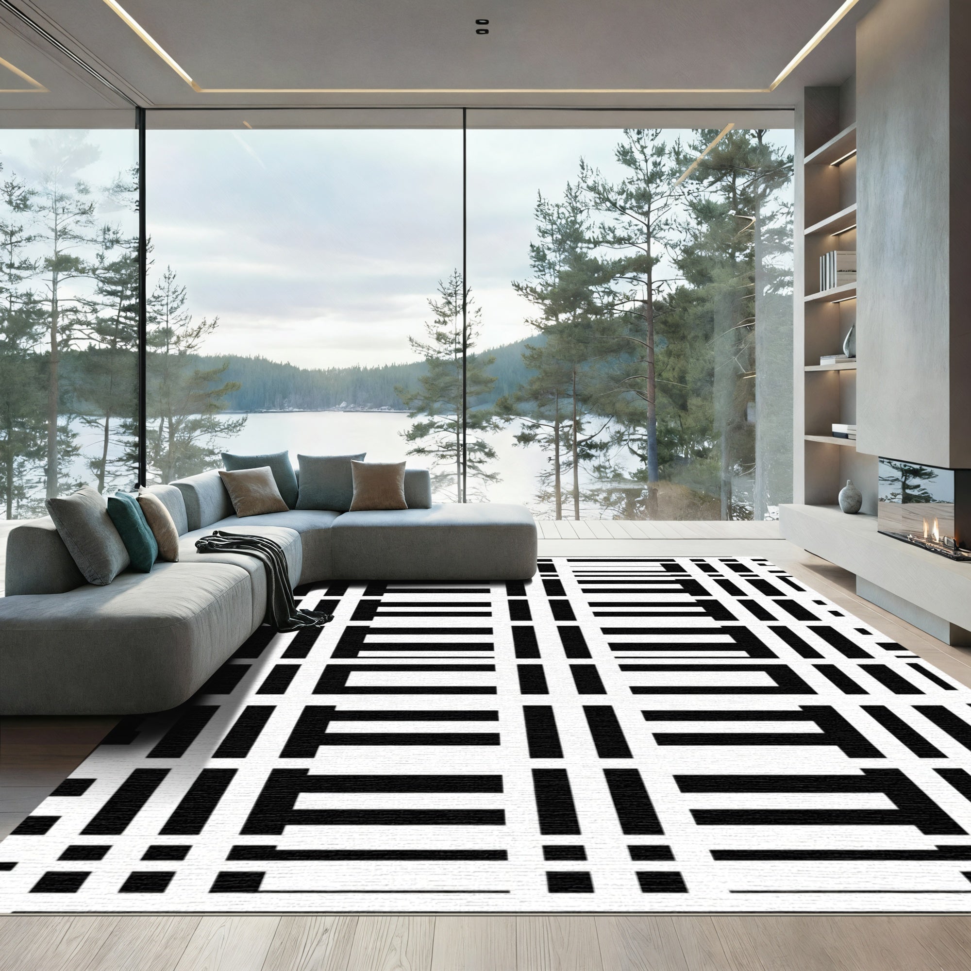 Bold Black White Geometric Grid Rug