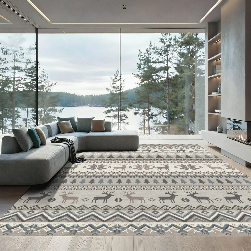 Cozy Nordic Reindeer Forest Stripes Rug