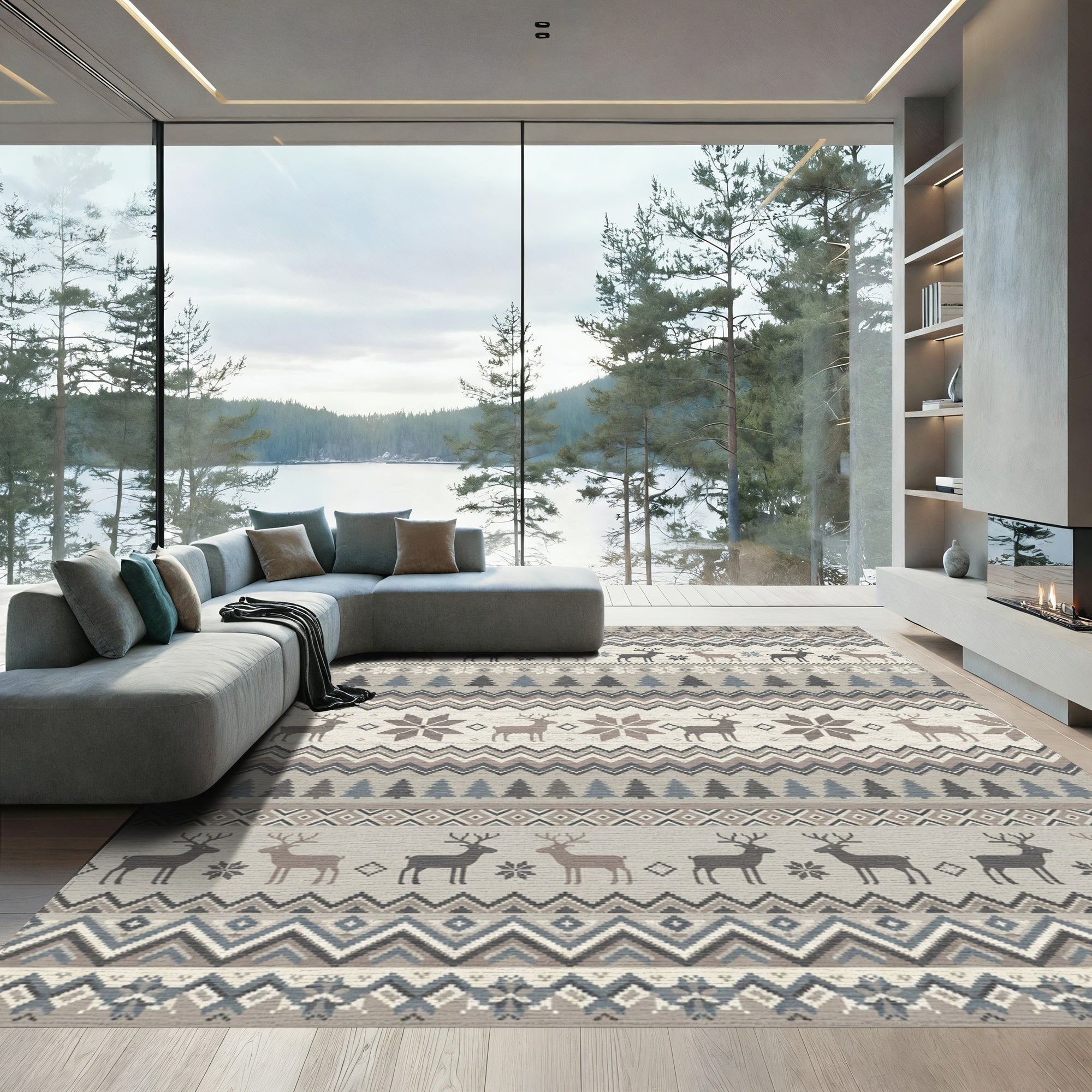 Cozy Nordic Reindeer Forest Stripes Rug