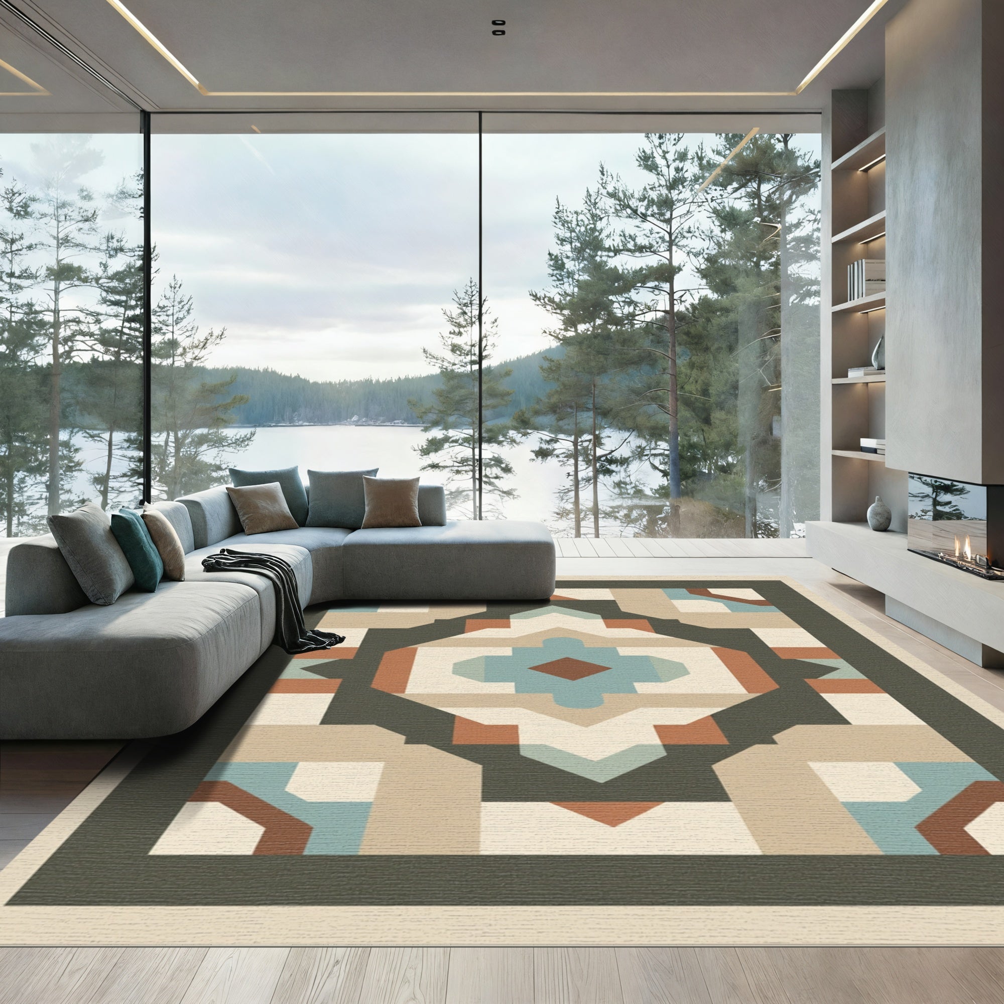Geometric Earth Tones And Teal Medallion Rug