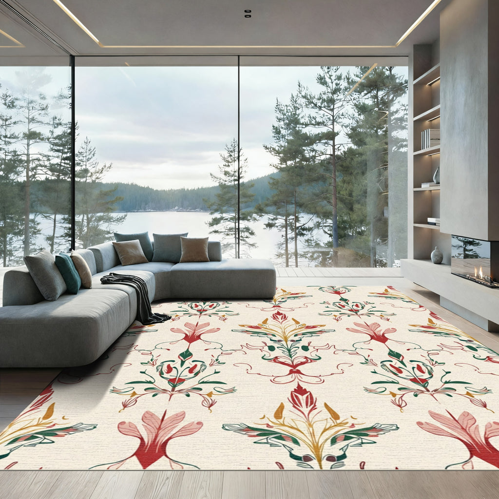 Rich Red Green Floral Damask Rug