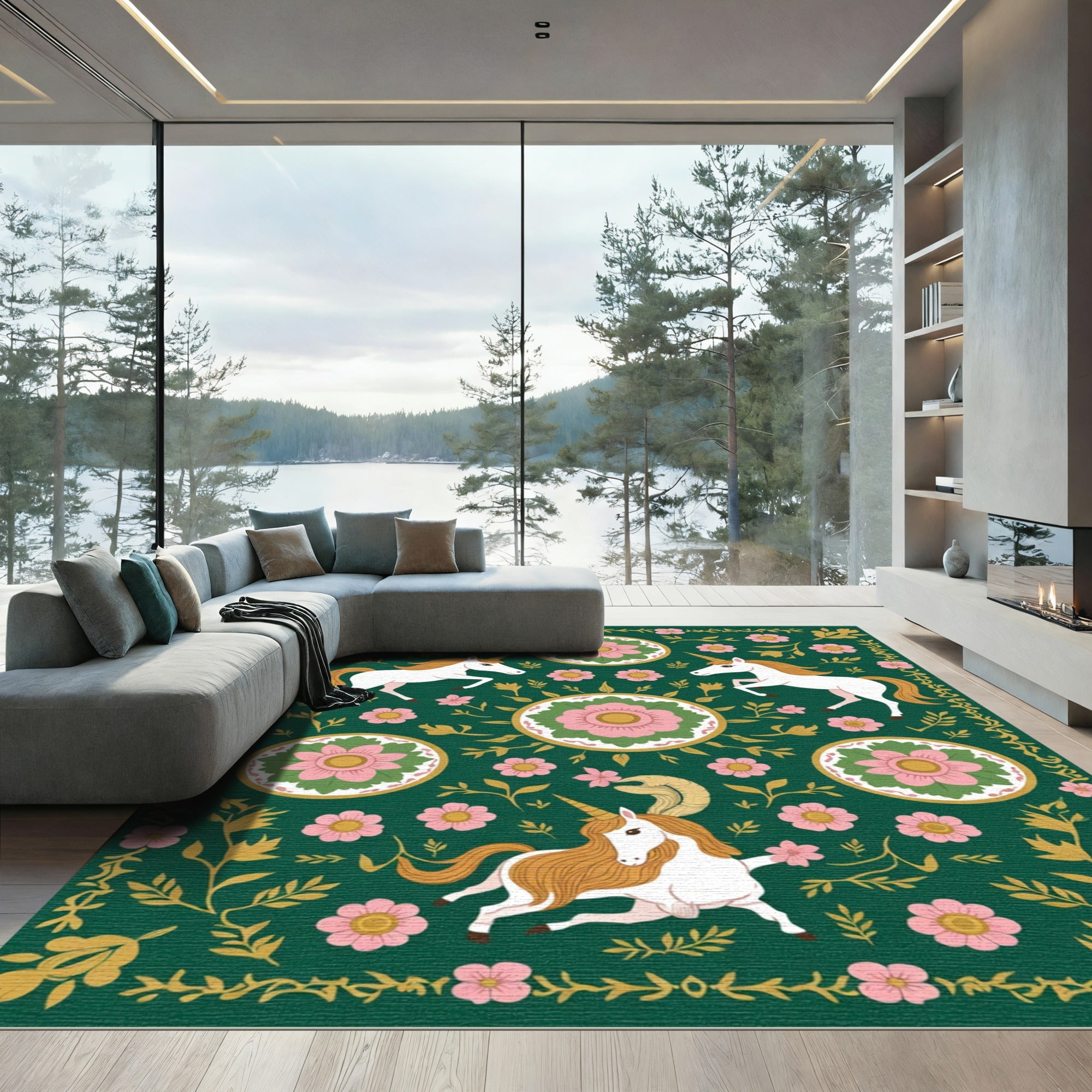 Enchanted Forest Unicorn Floral Bloom Rug