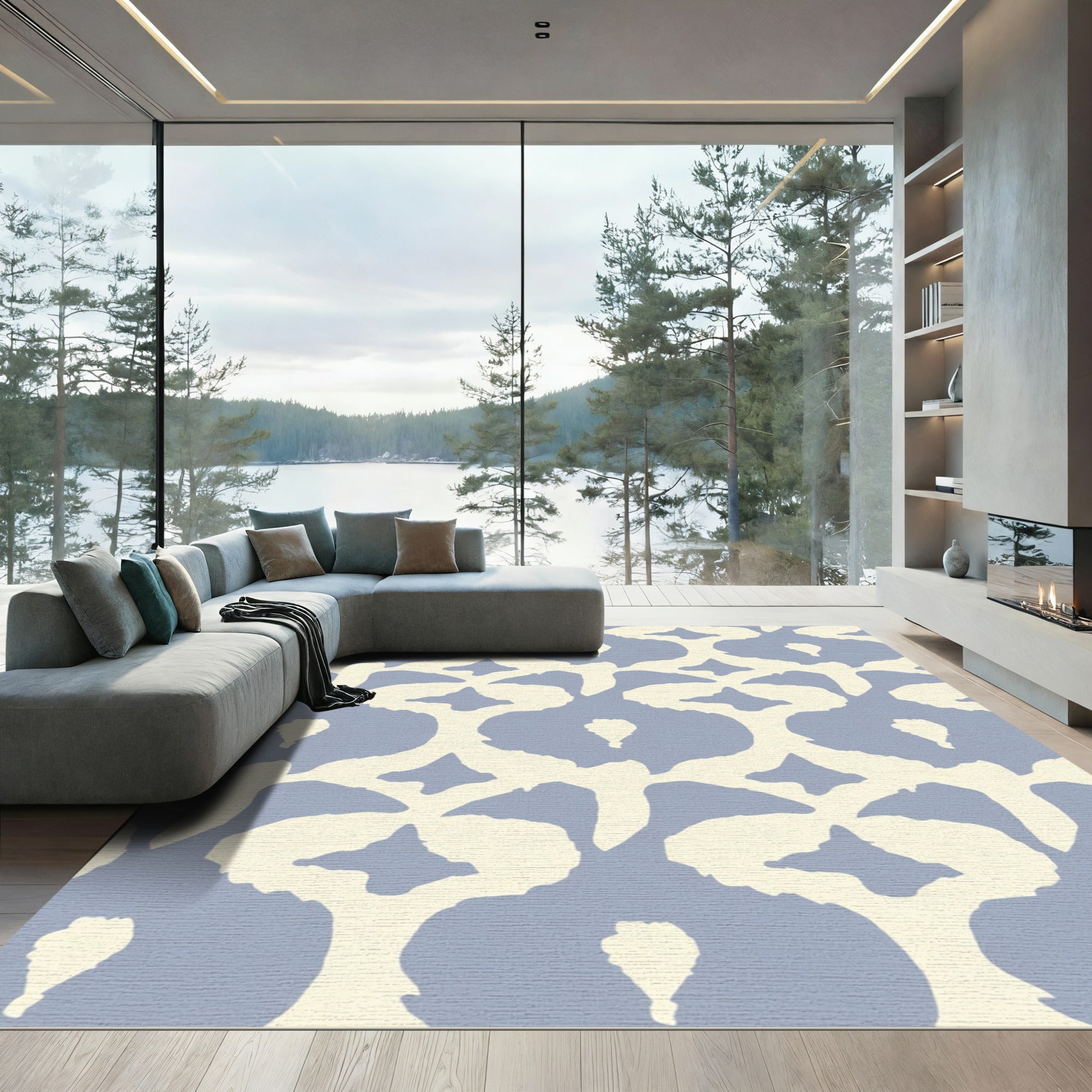 Soft Blue Cream Contemporary Lattice Rug