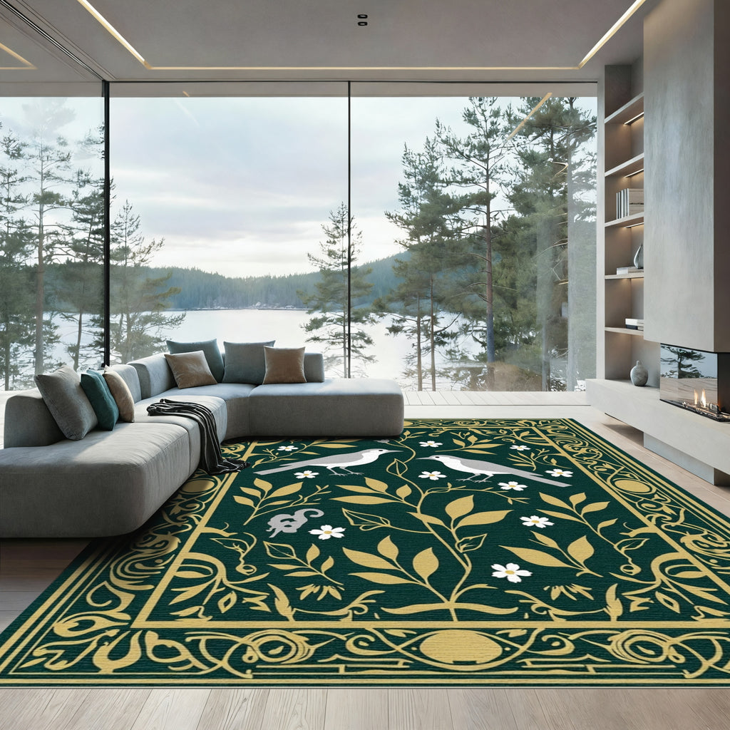Emerald Gold Bird Floral Frame Rug