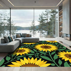 Yellow Sunflower Garden Black Background Rug