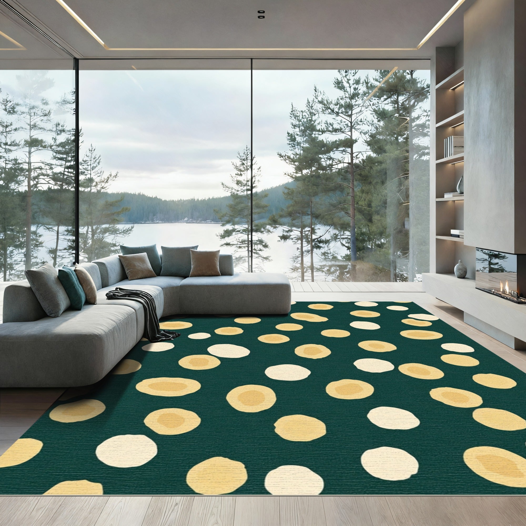 Deep Teal Scattered Ochre Circles Rug