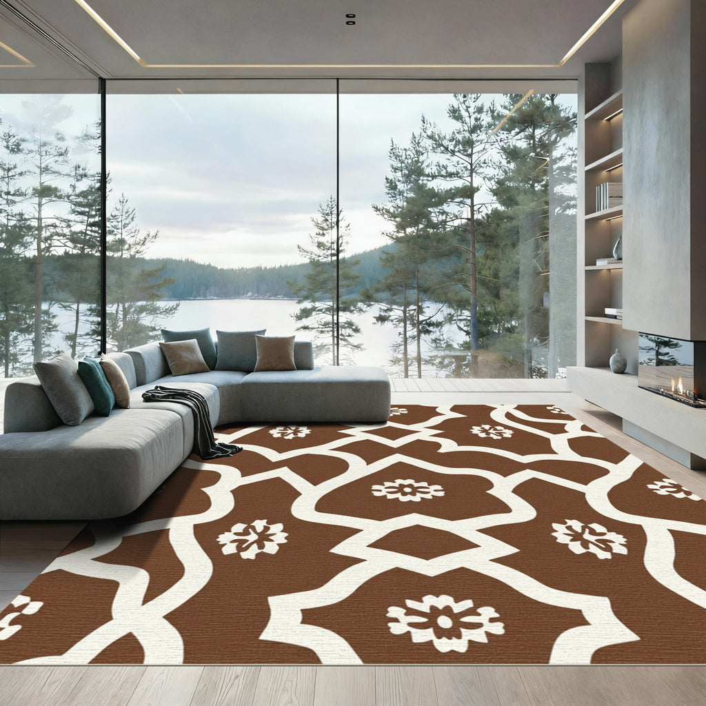 Brown White Lattice Floral Detail Rug