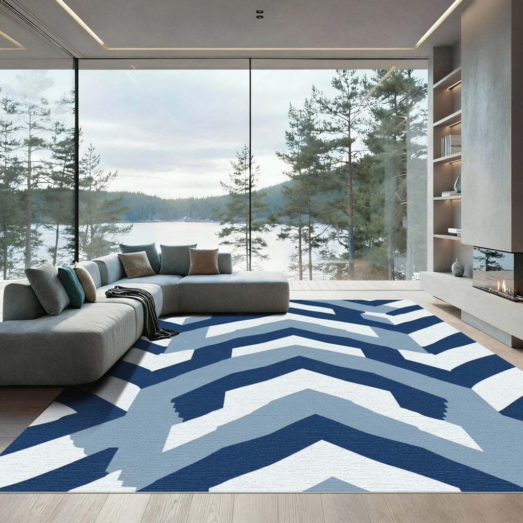 Geometric Chevron Blue And White Rug