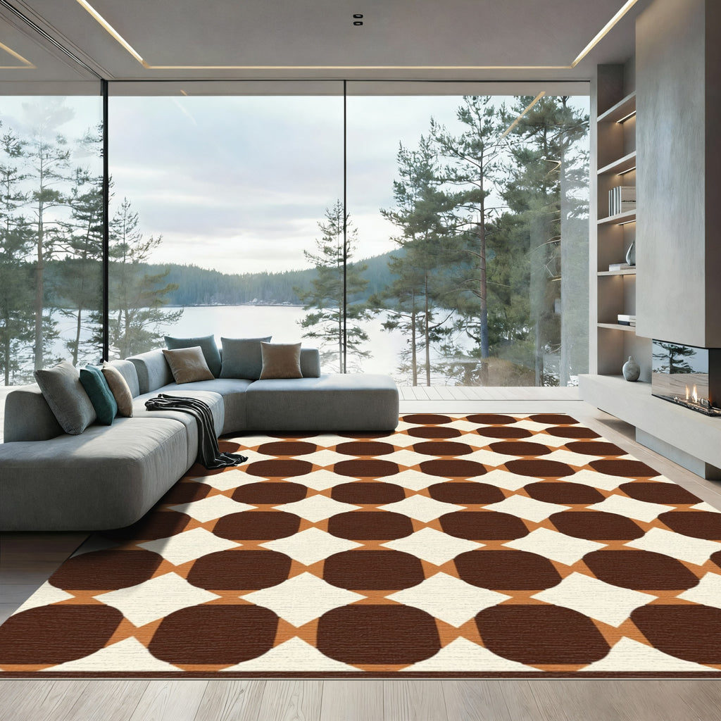 Retro Brown Ochre Circle Diamond Rug