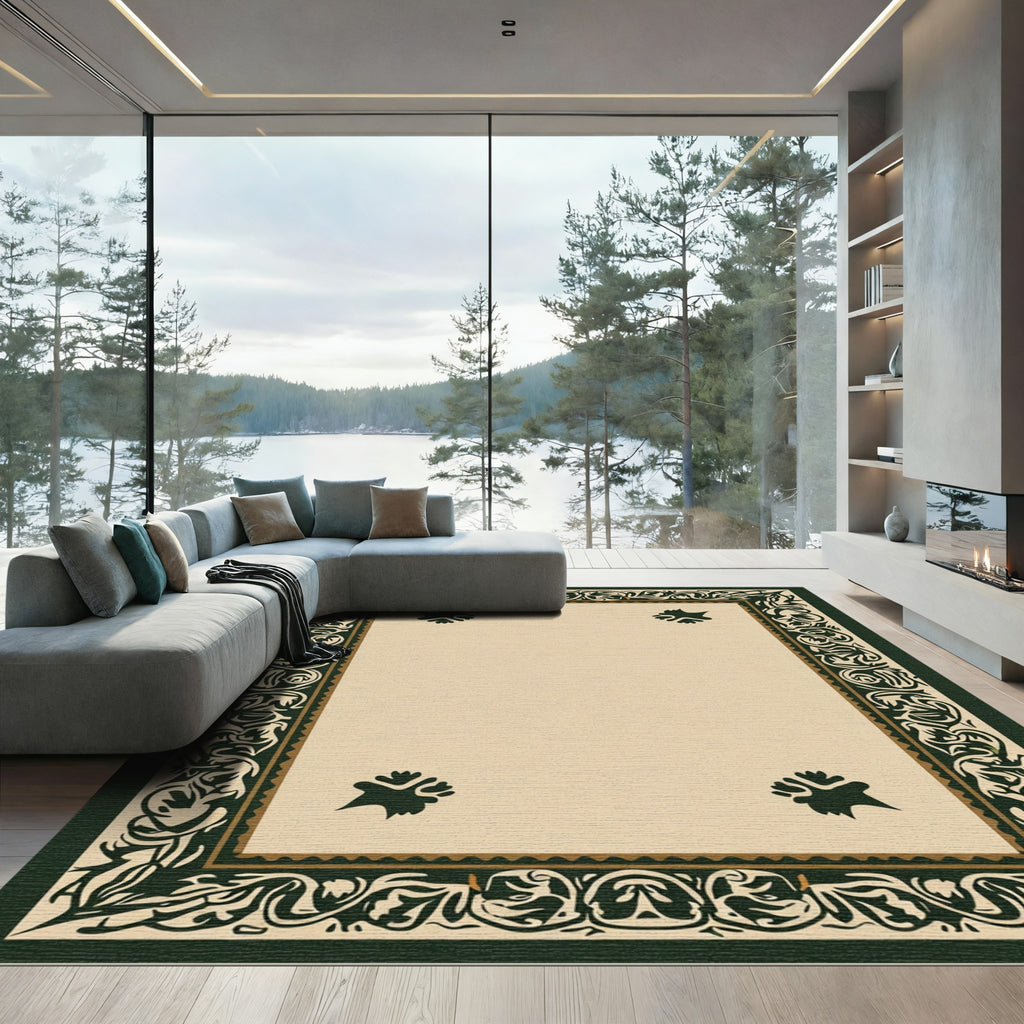Dark Green Ornate Floral Border Rug