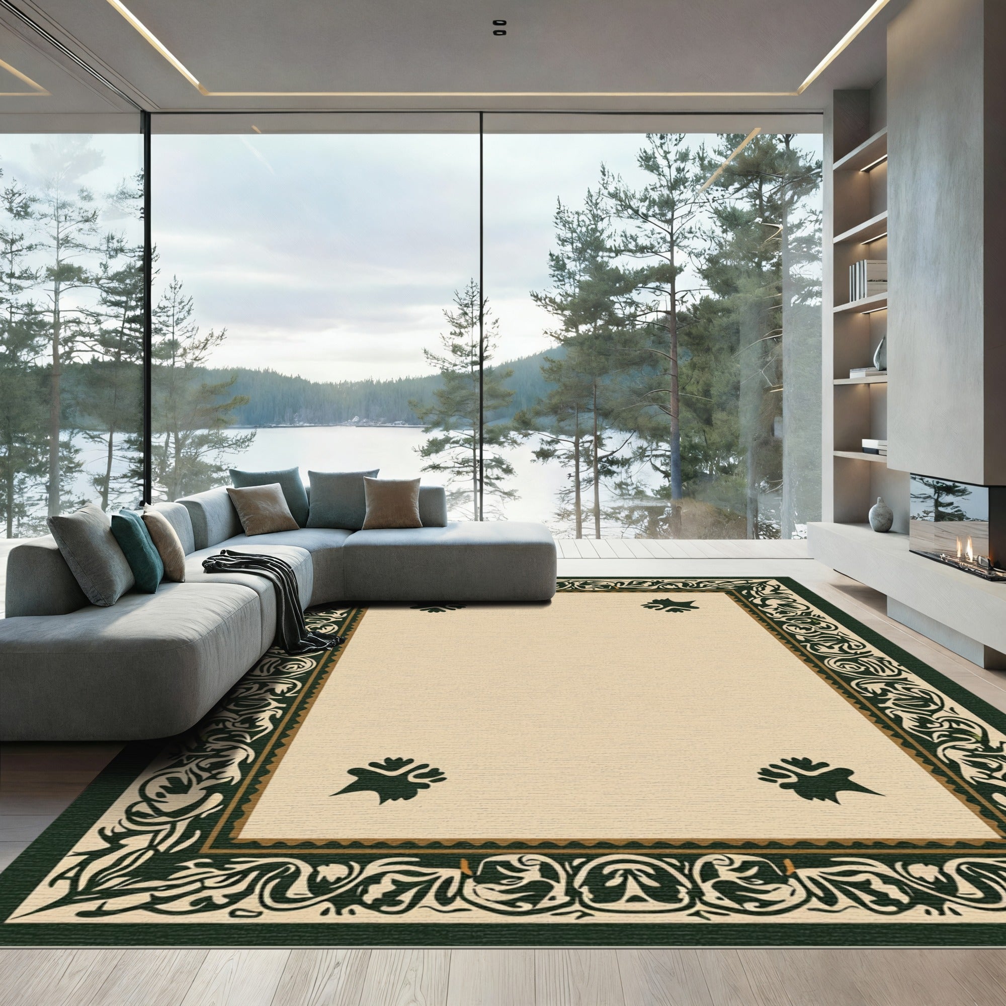 Dark Green Ornate Floral Border Rug
