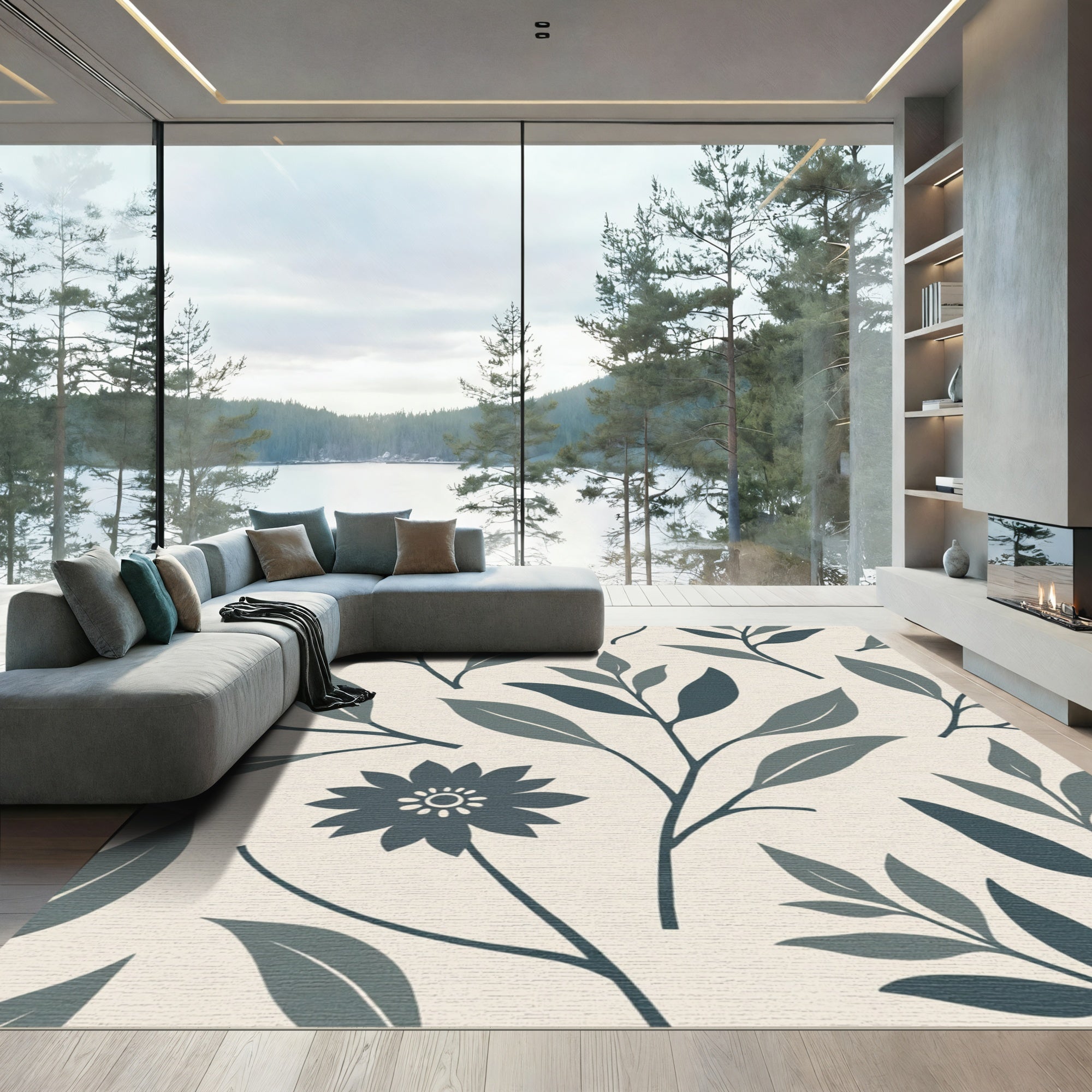 Delicate Teal Floral Leaf Arrangement Rug