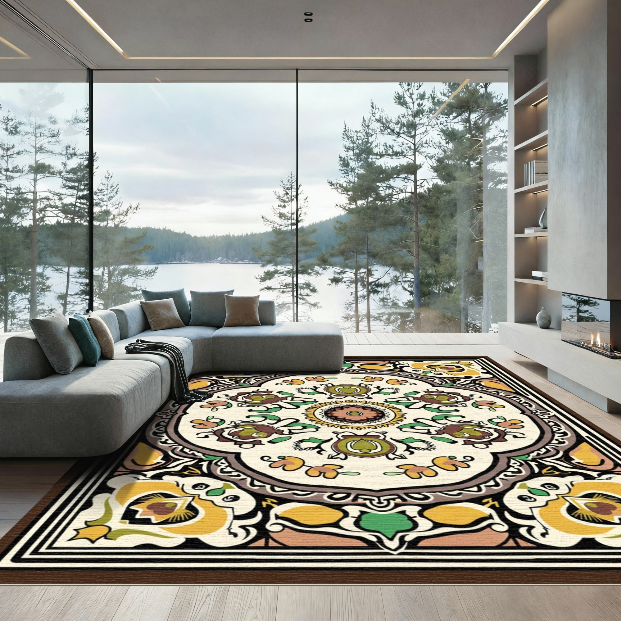 Cream Medallion Floral Art Nouveau Rug