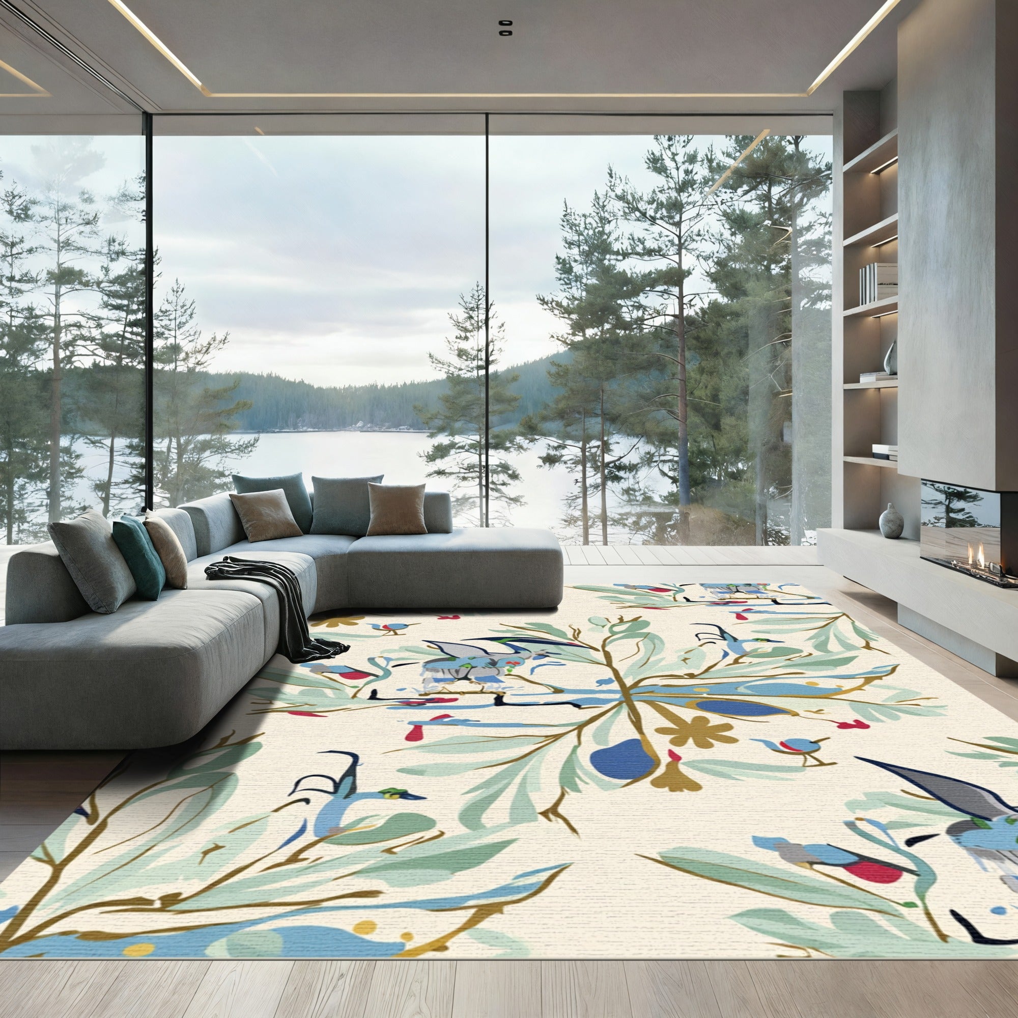 Whimsical Blue Bird Foliage Arrangement Rug