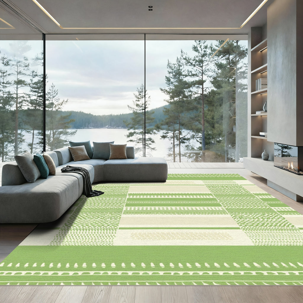 Green and Ivory Geometric Stripe Rug