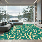 Teal Cream Floral Botanical Vine Rug