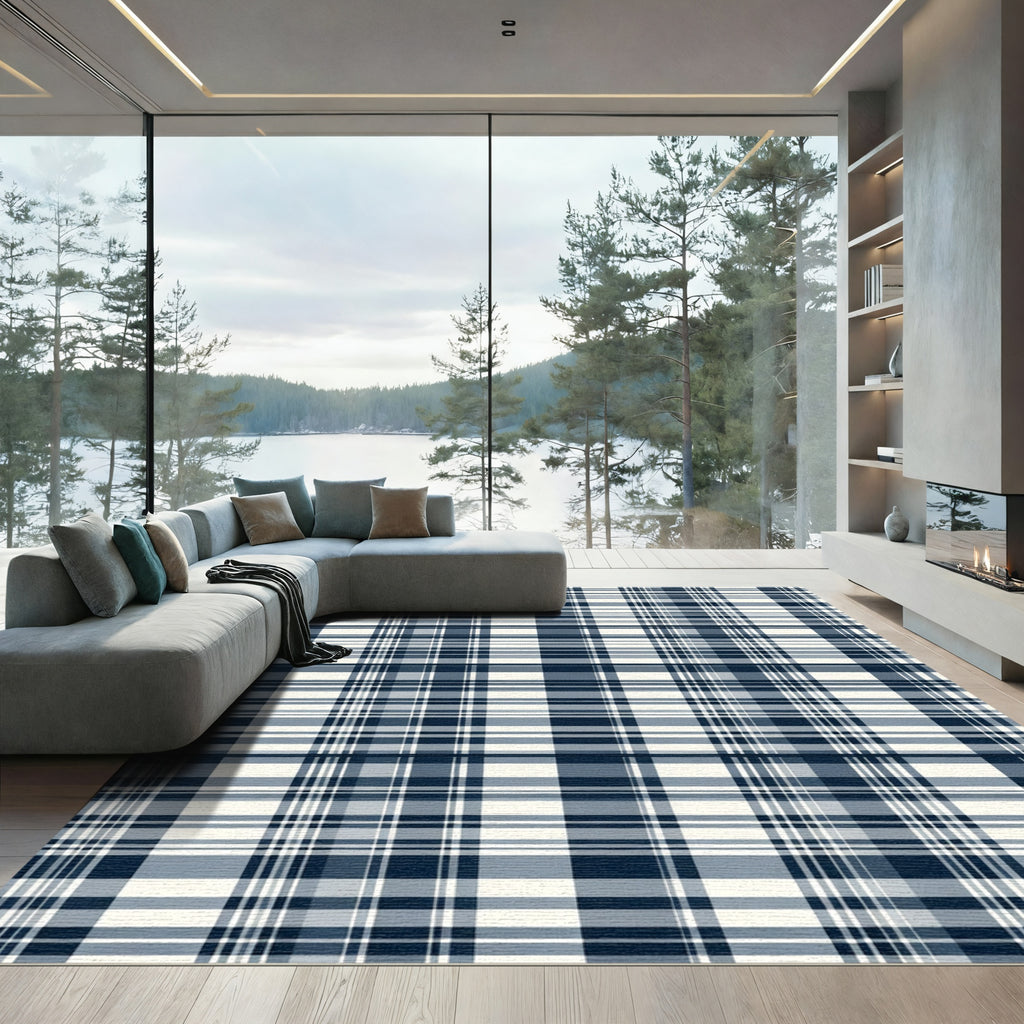 Classic Navy Cream Plaid Grid Rug