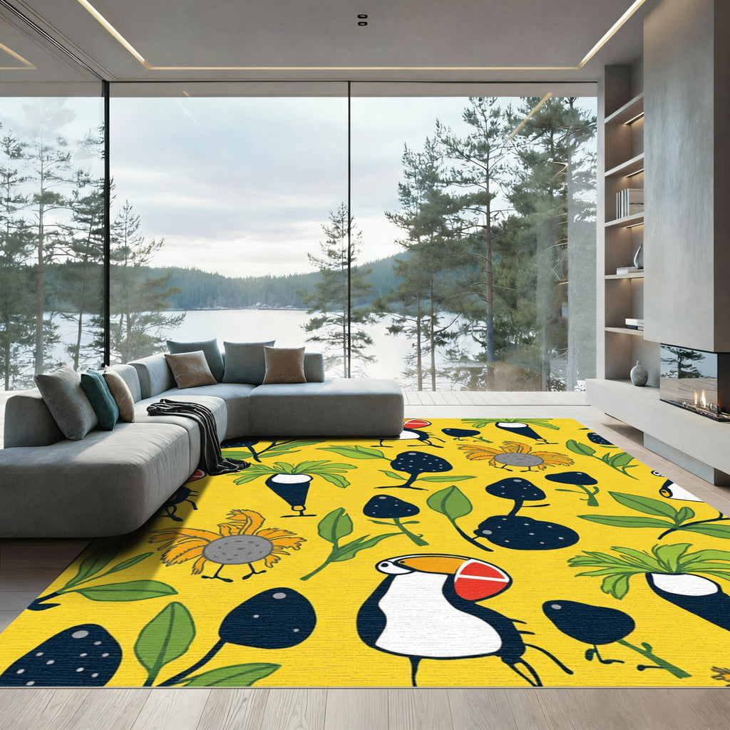Whimsical Yellow Toucan Botanical Garden Rug