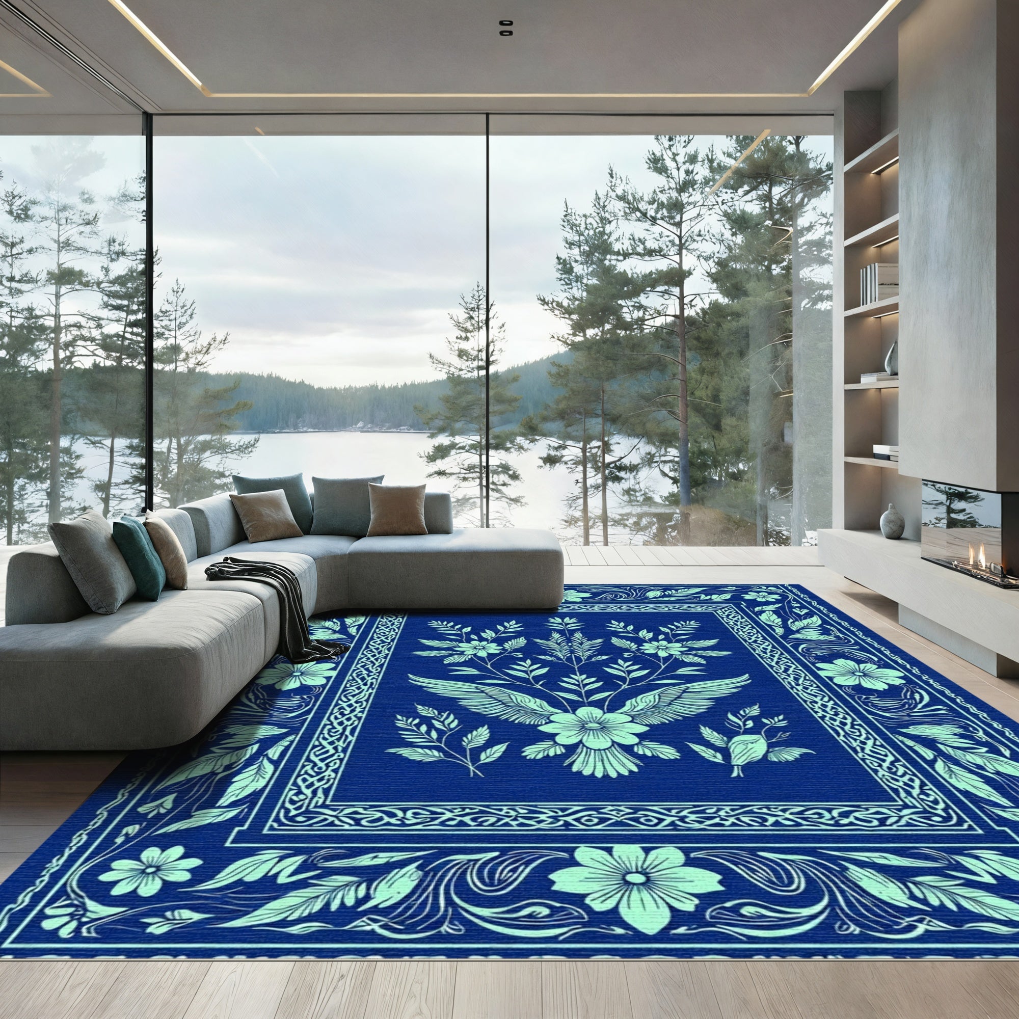 Navy Blue Teal Floral Bird Crest Rug
