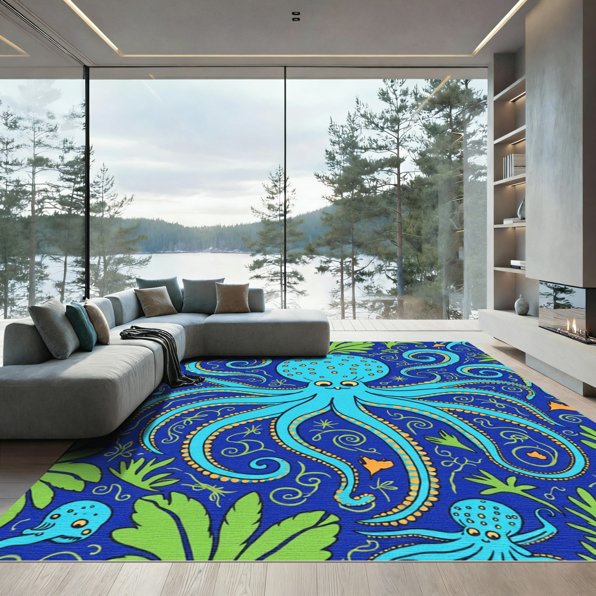 Whimsical Blue Octopus Garden Rug