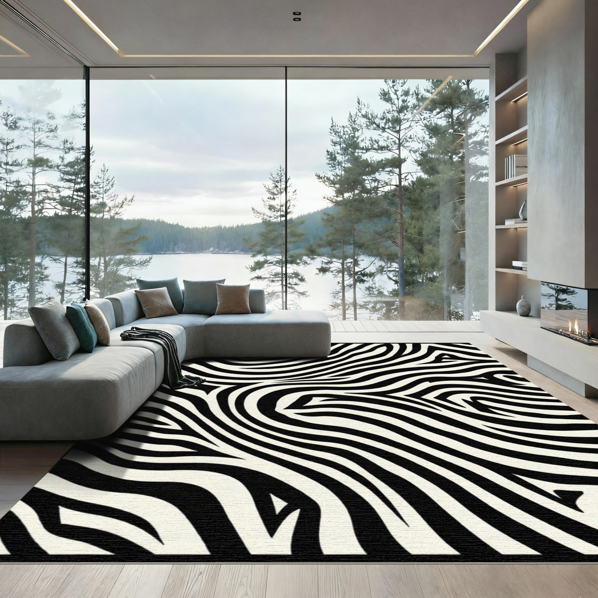 Striking Black White Wavy Lines Rug