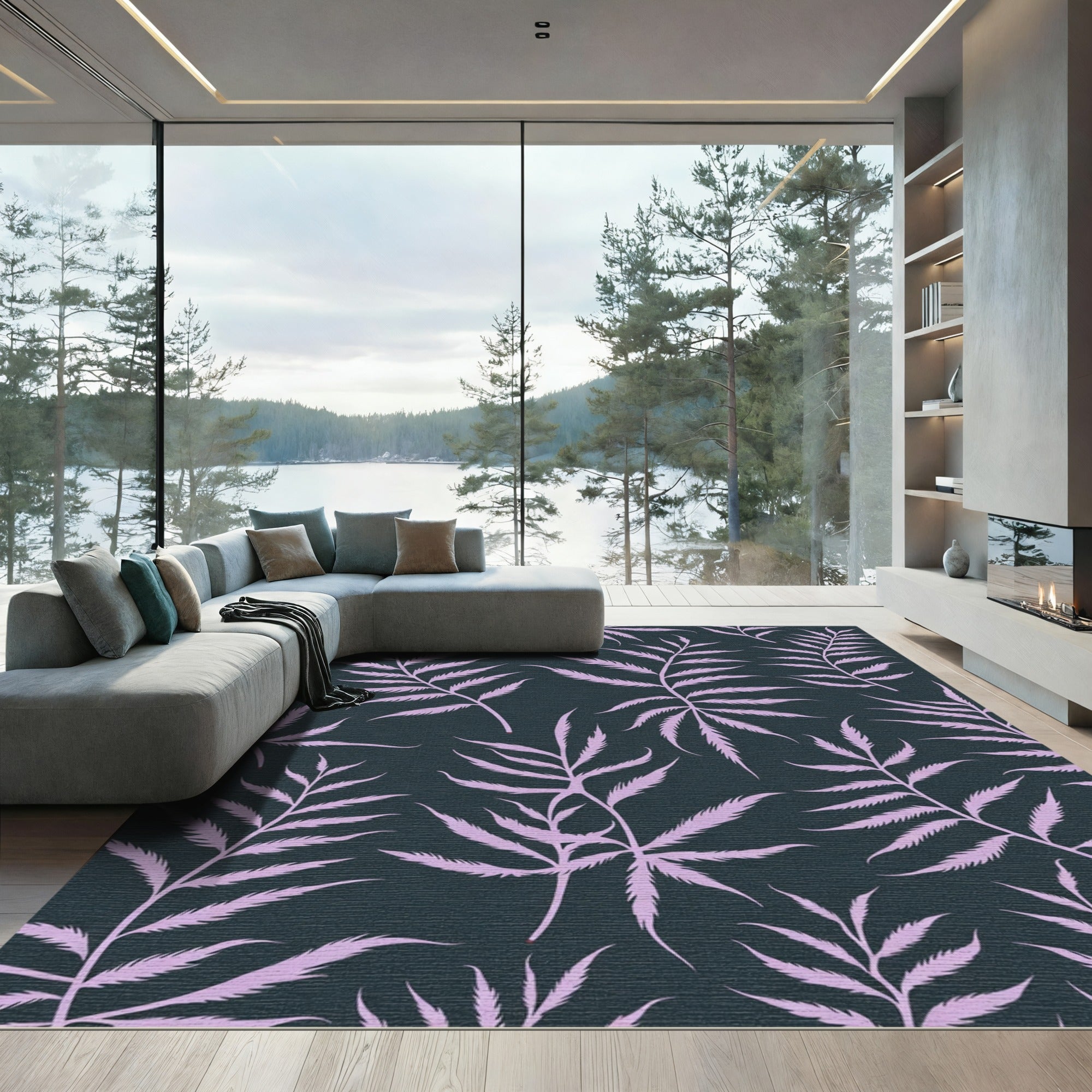 Lavender Fern Fronds Dark Background Rug