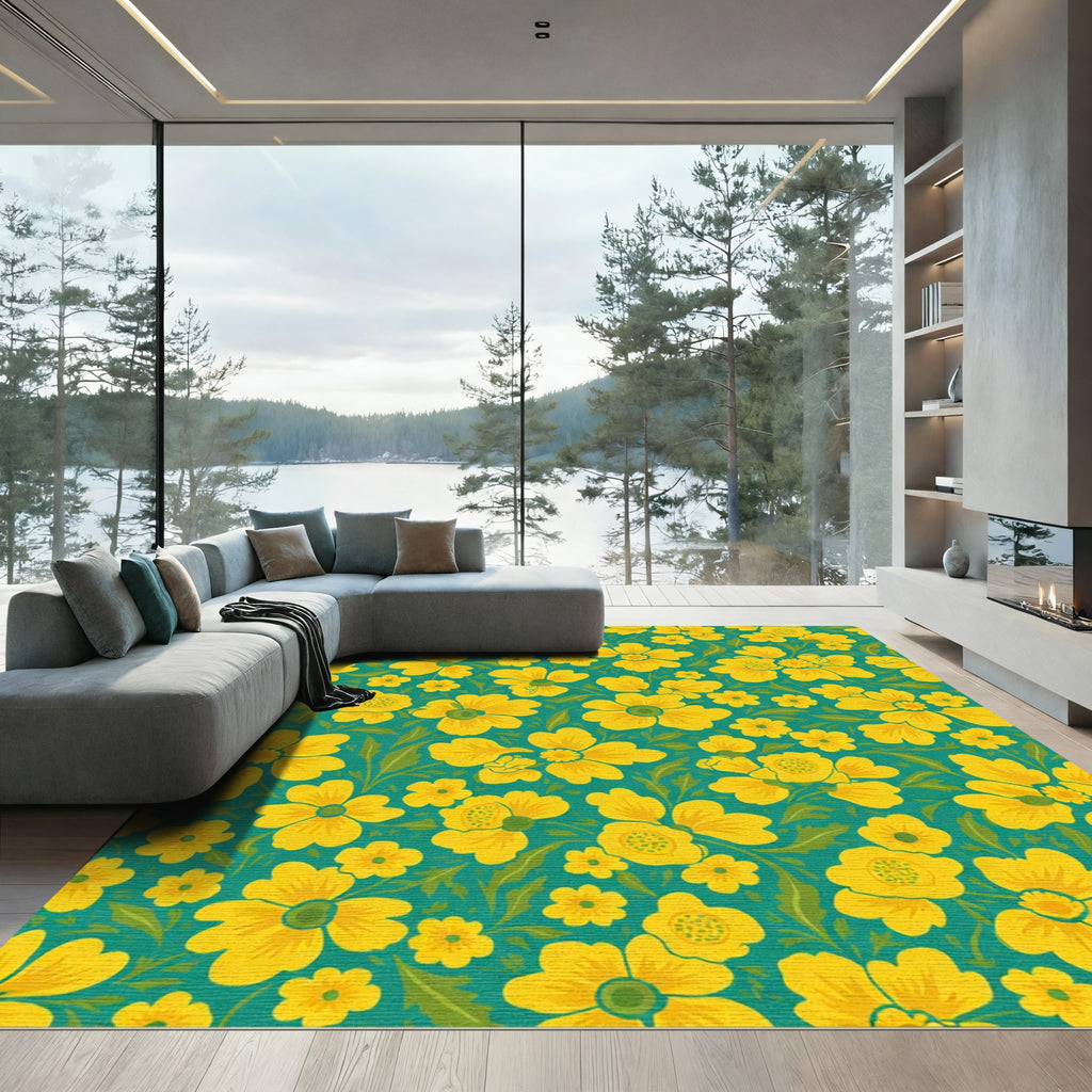 Bright Yellow Floral Teal Garden Rug