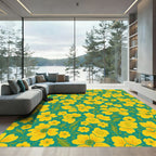 Bright Yellow Floral Teal Garden Rug