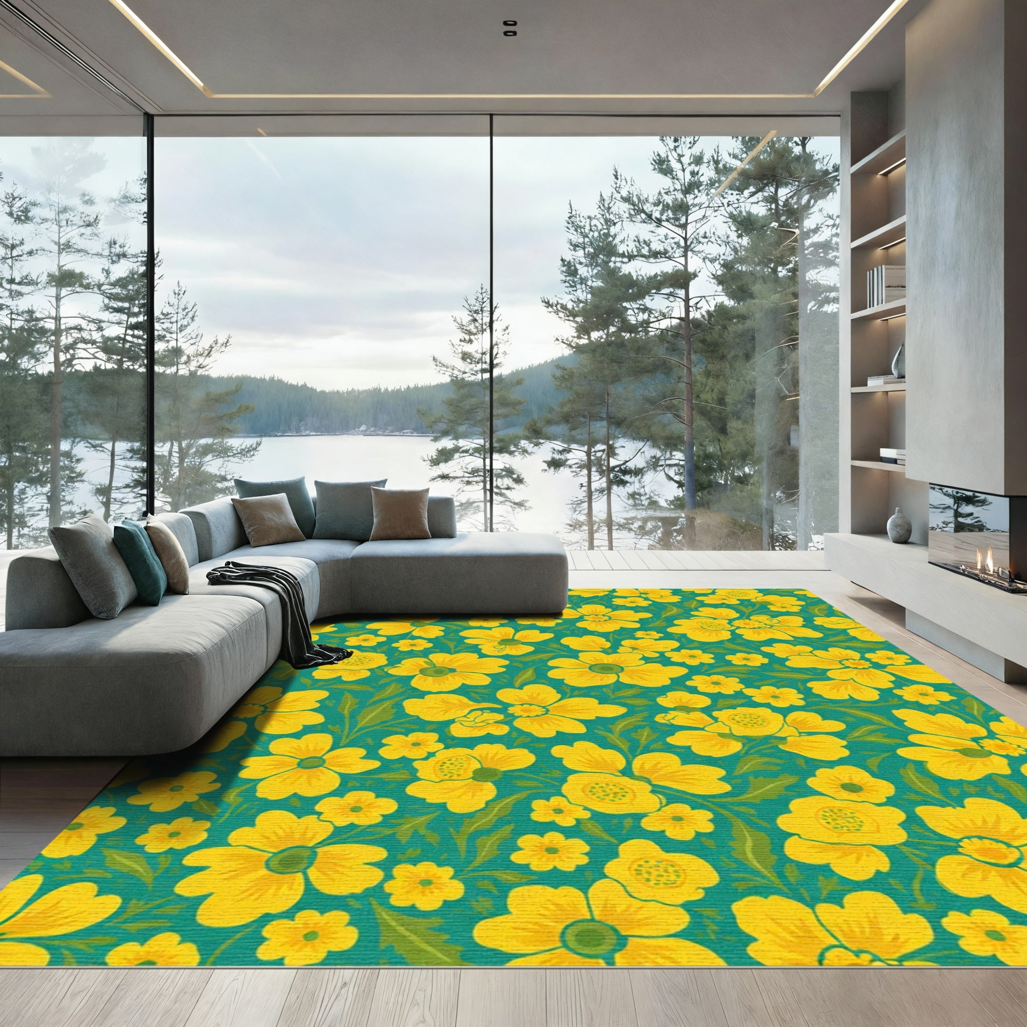Bright Yellow Floral Teal Garden Rug