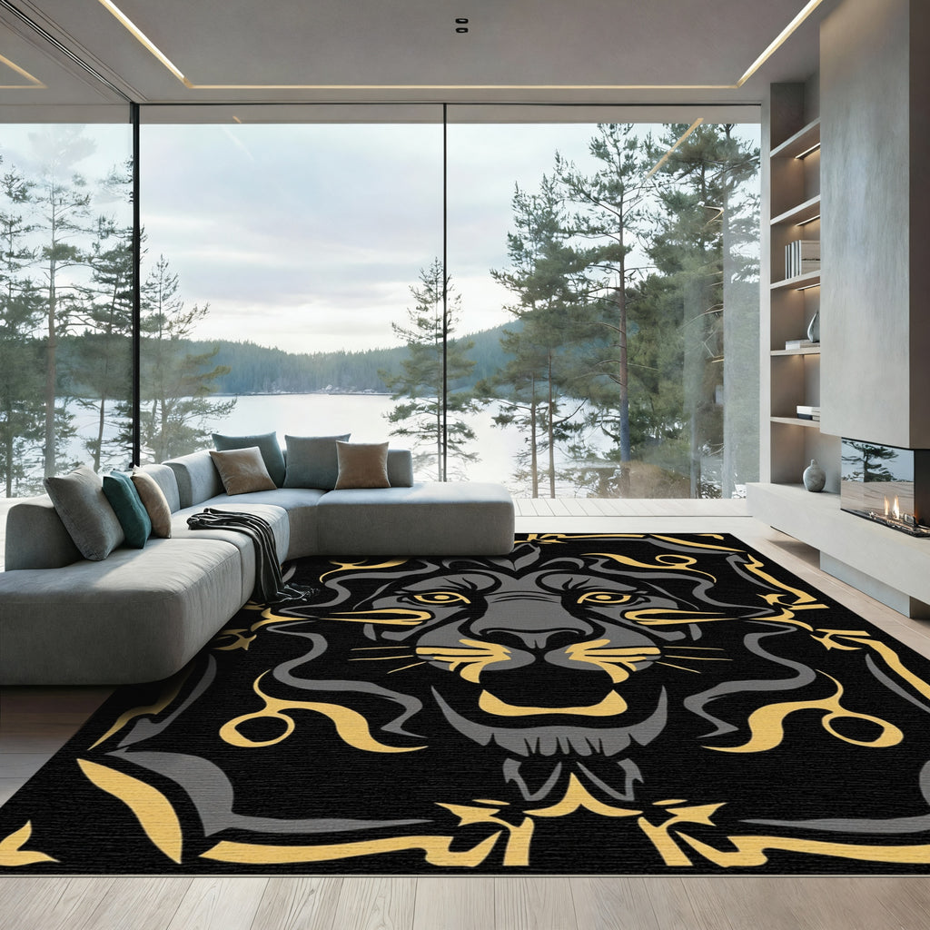 Ferocious Black Golden Lion Face Rug