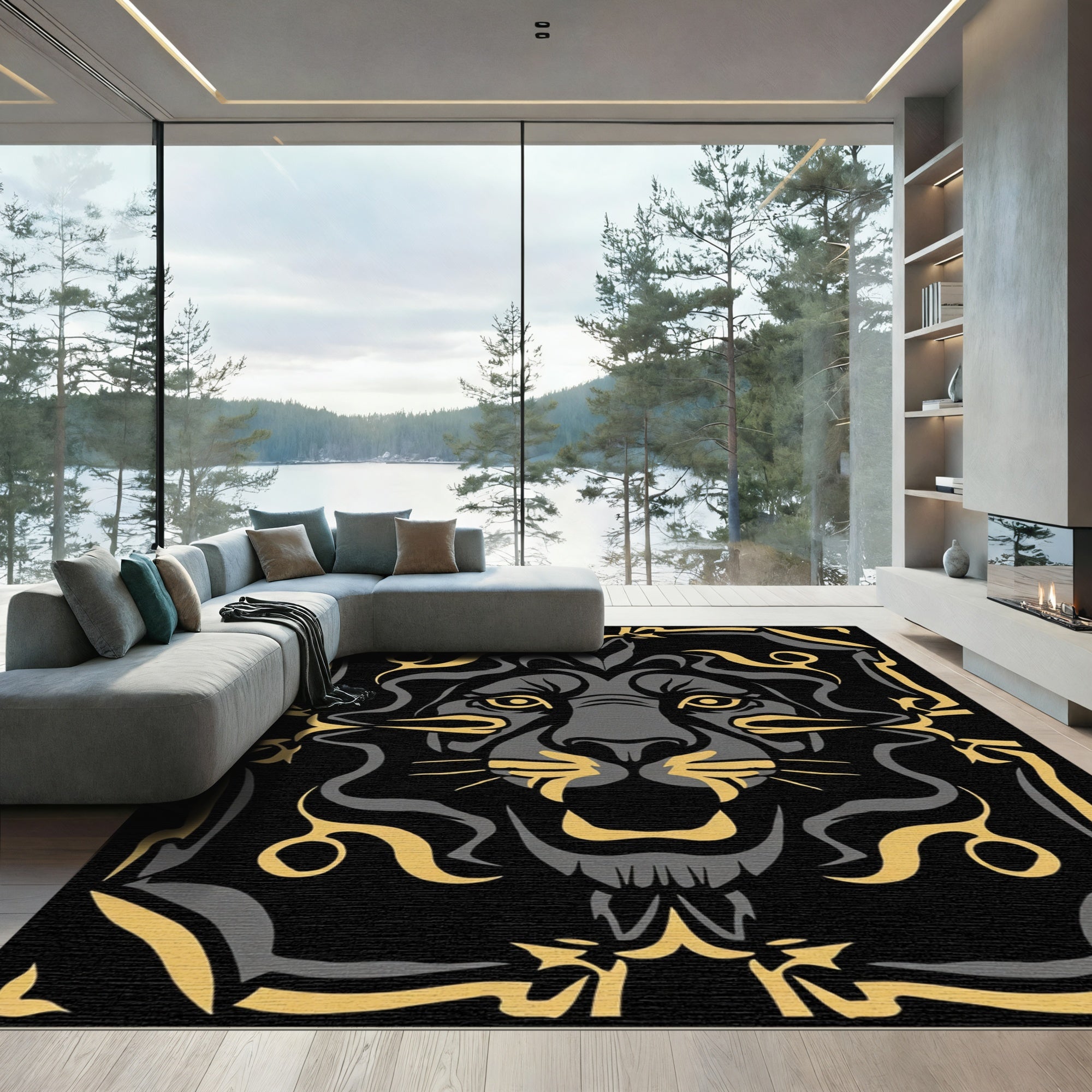 Ferocious Black Golden Lion Face Rug