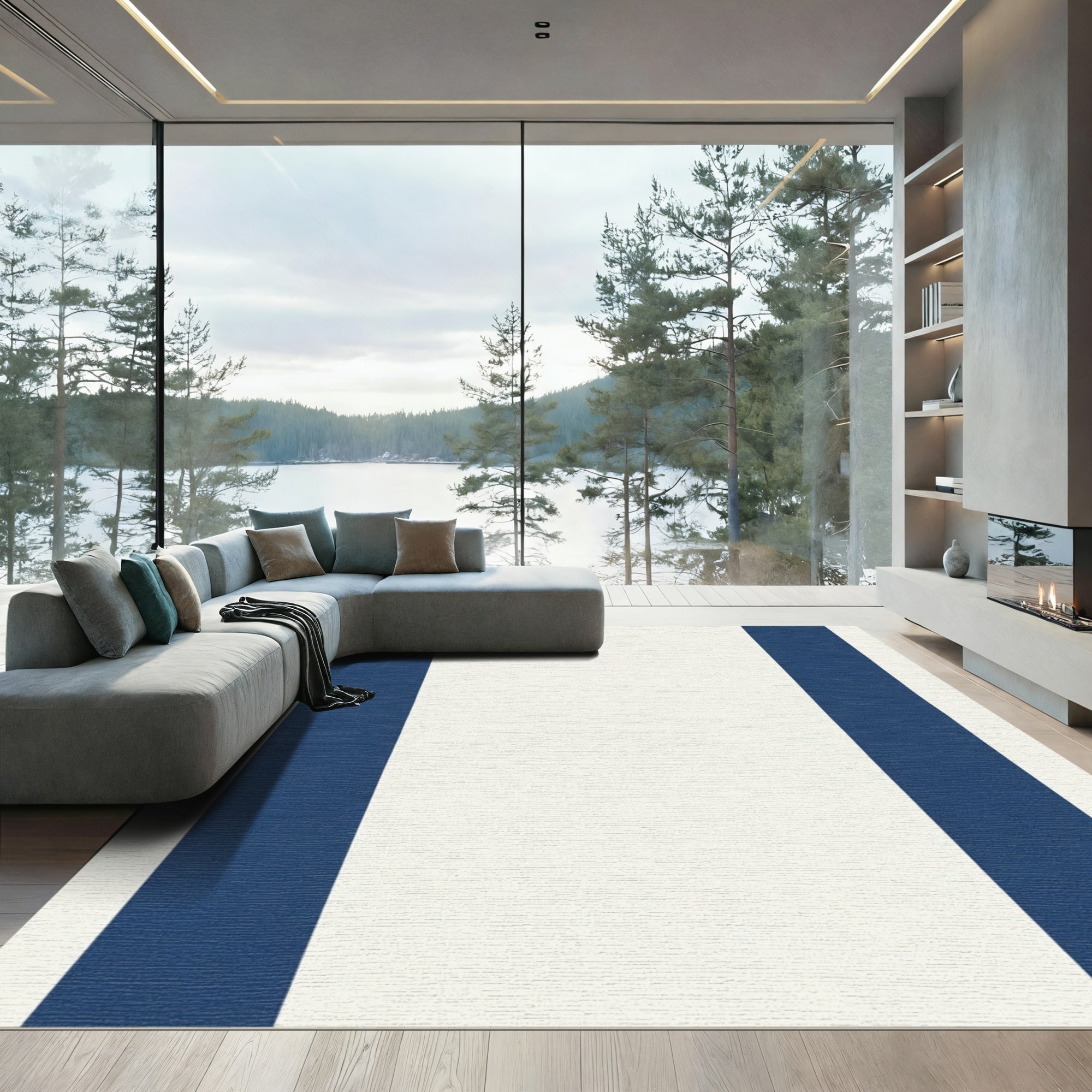 Navy Cream Vertical Stripe Rug