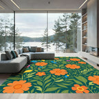 Whimsical Orange Floral Birds Garden Rug