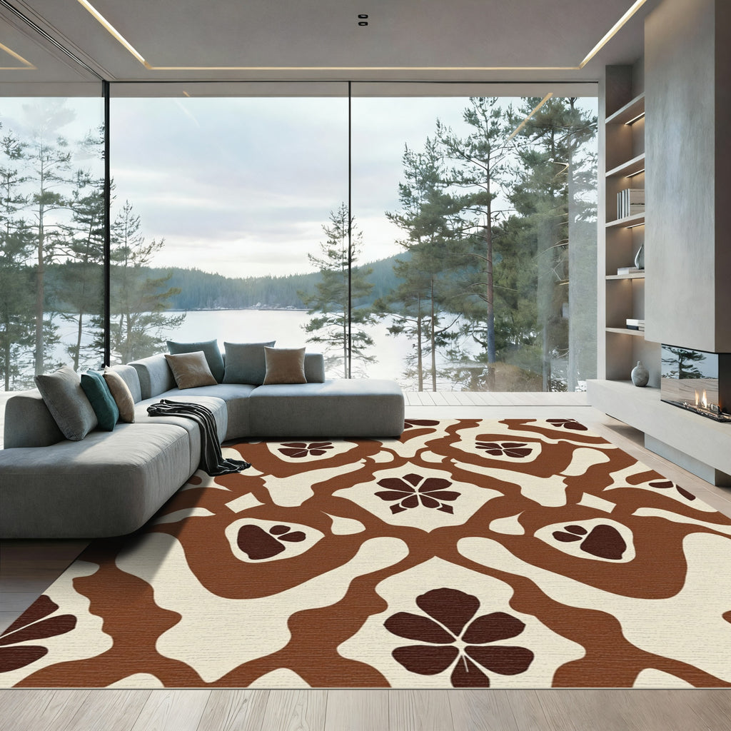 Cream Brown Floral Damask Layout Rug