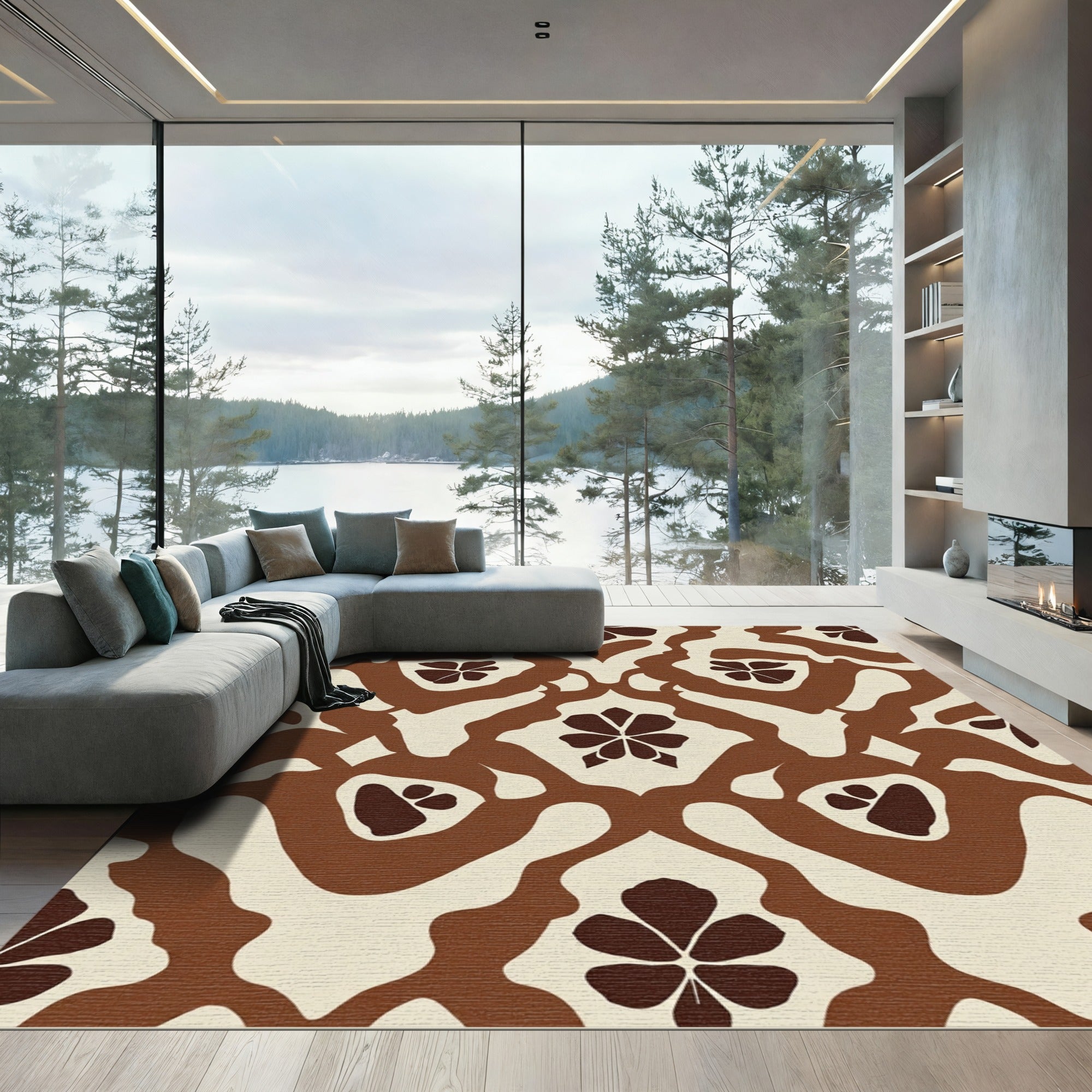 Cream Brown Floral Damask Layout Rug