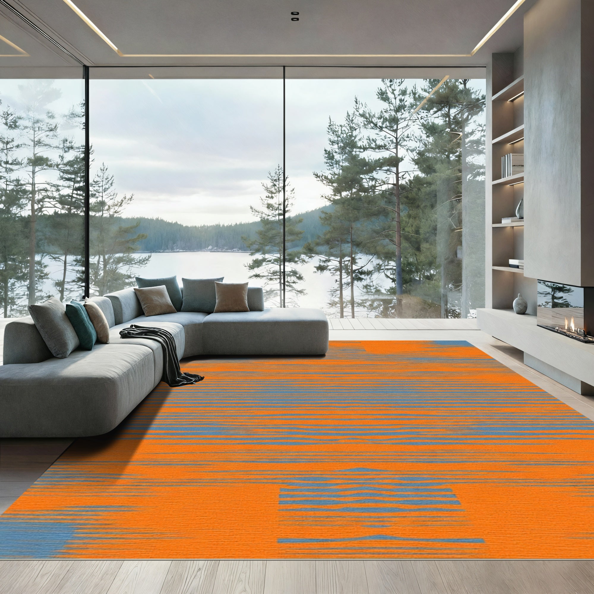 Orange Blue Abstract Horizontal Lines Rug
