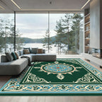 Deep Teal Intricate Medallion Border Rug
