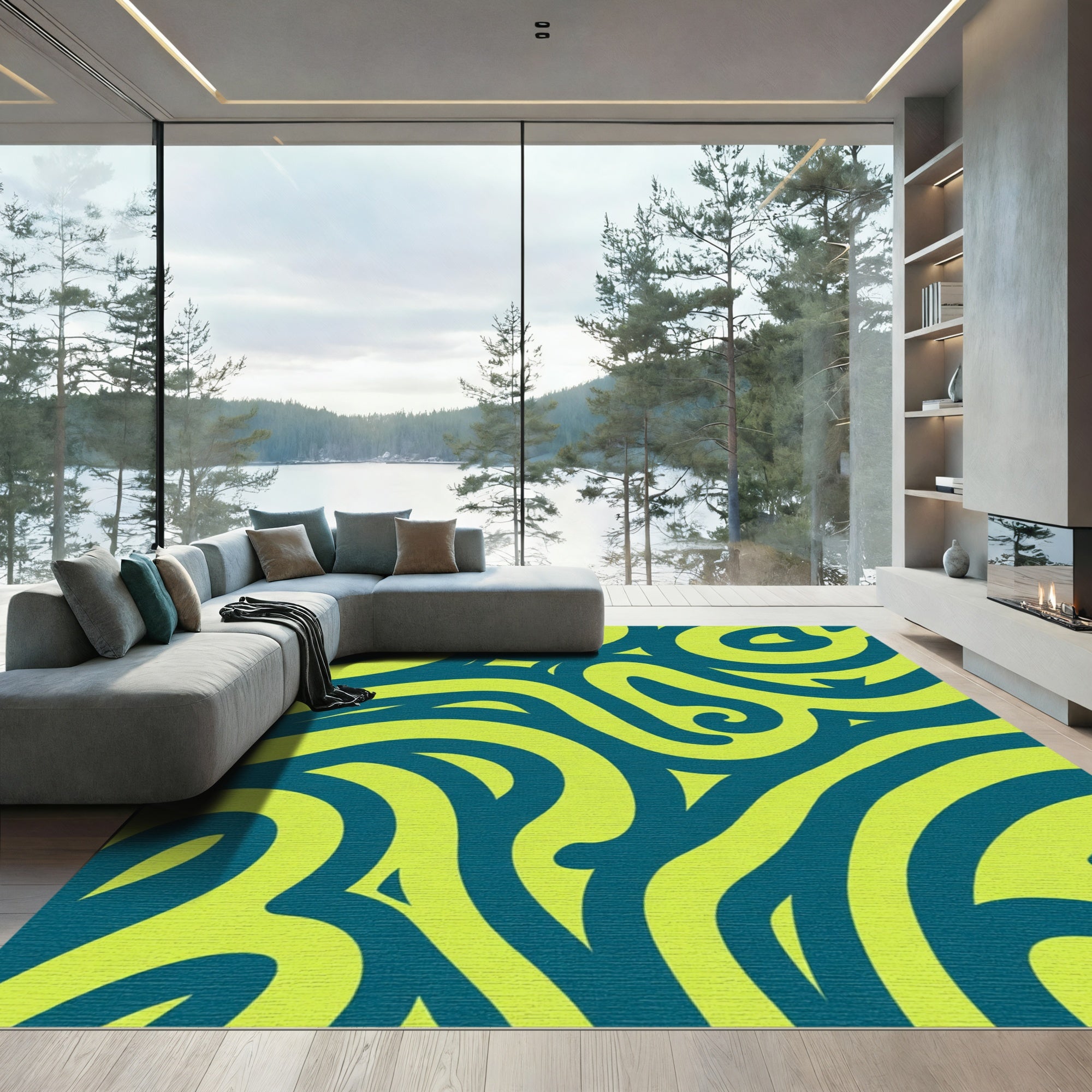 Lime Green Abstract Swirl Wave Rug