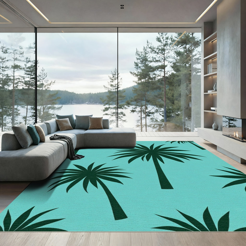 Teal Dark Green Palm Silhouette Rug