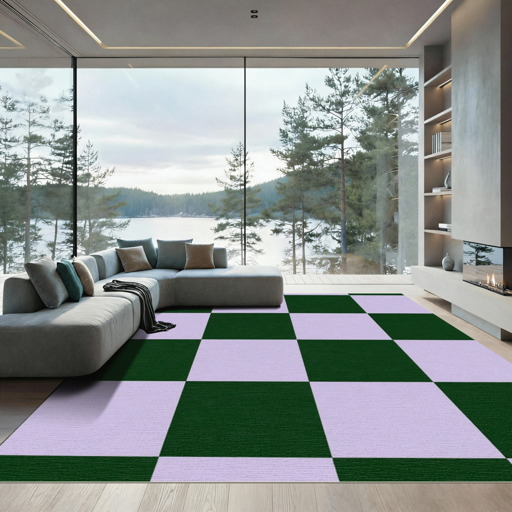 Forest Green Lavender Checkered Squares Rug