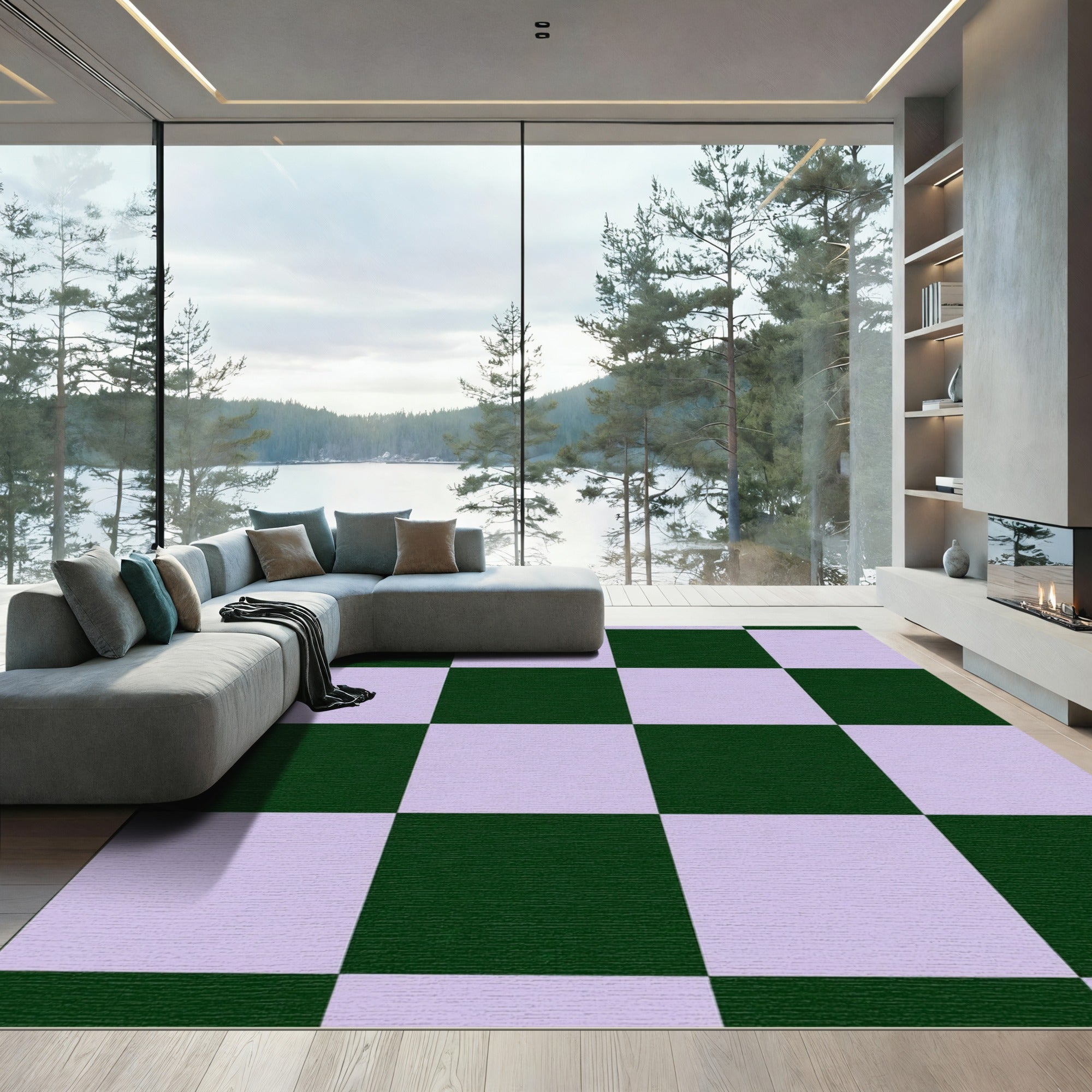 Forest Green Lavender Checkered Squares Rug
