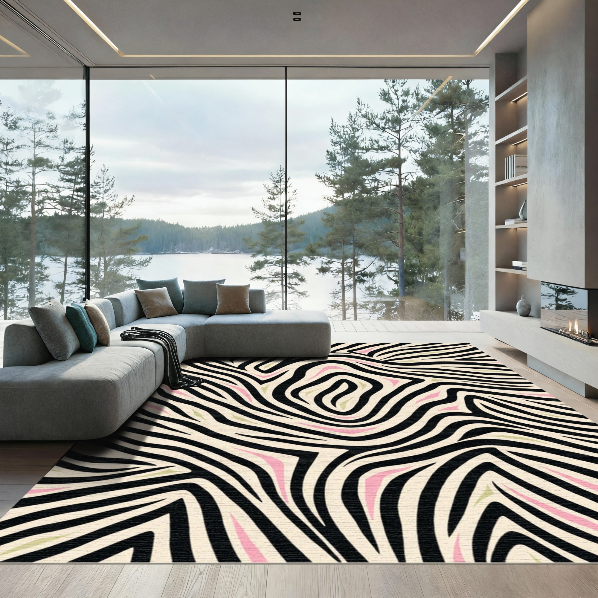 Cream Black Pink Zebra Swirl Rug