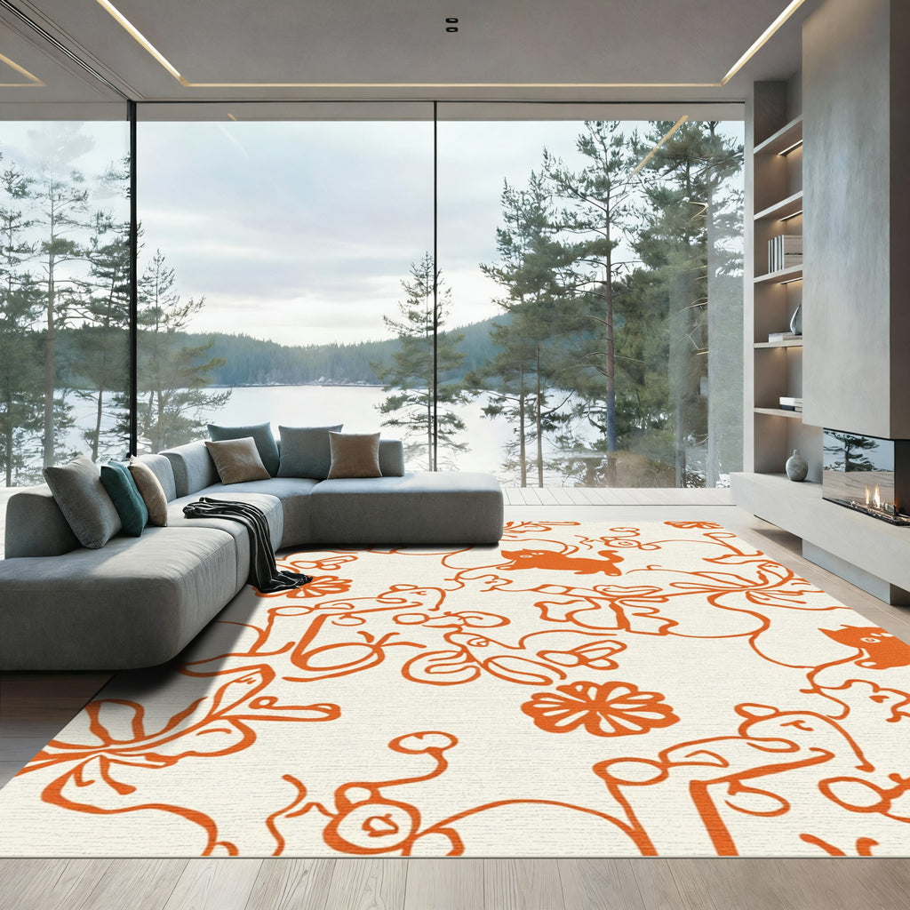 Whimsical Orange Cat Floral Swirls Rug