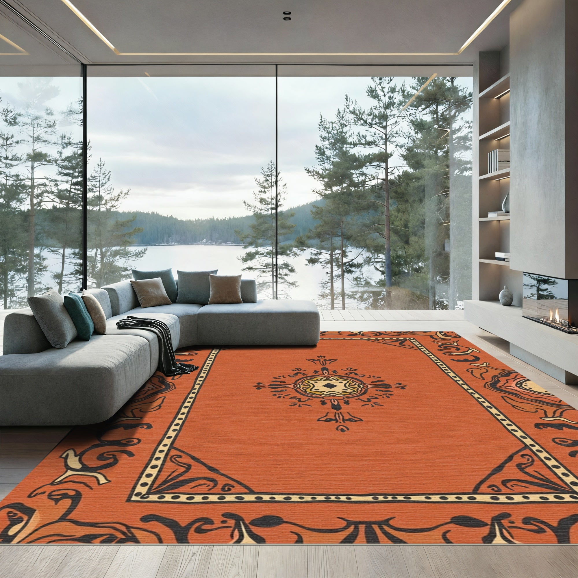 Terracotta Black Yellow Medallion Frame Rug
